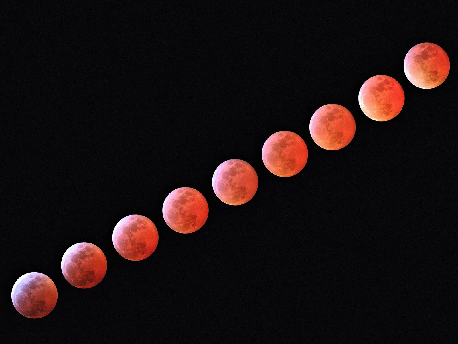 Sequence of a red total lunar eclipse from first bite to totality