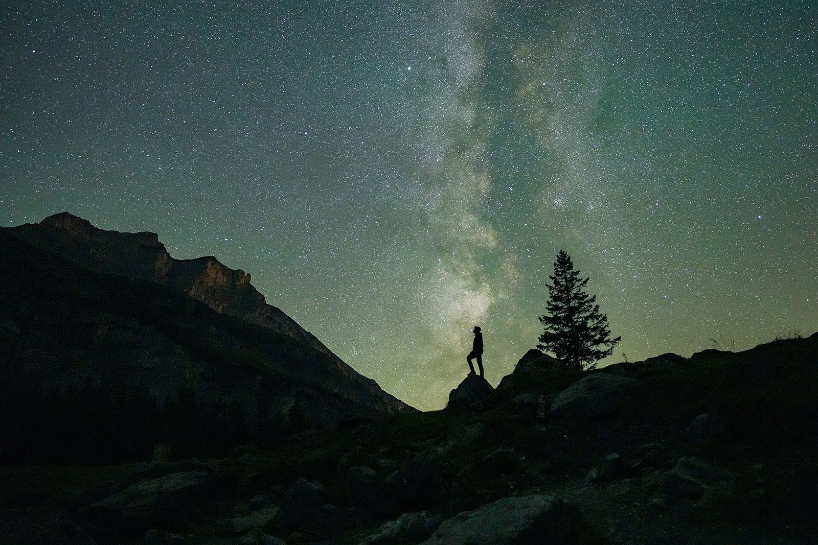 A stargazer silhouetted on a ridge under the Milky Way during the Perseids